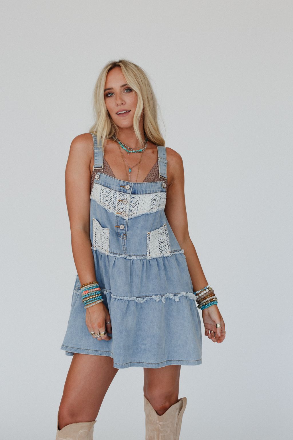 Petal Pockets Crochet Denim Dress - Denim