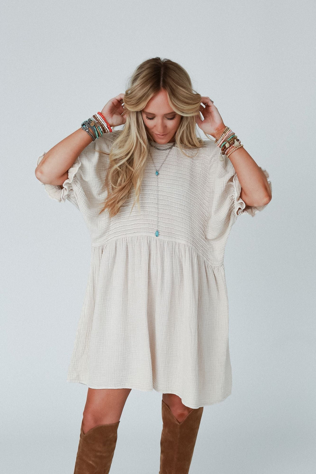 Quinn Puff Sleeve Mini Dress - Natural
