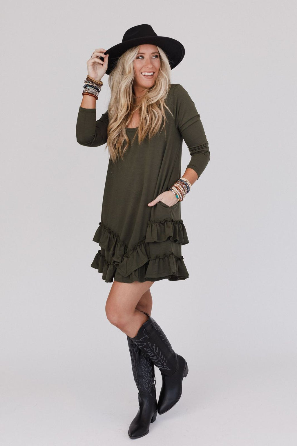 The Nest Constance Ruffle Hem Long Sleeve Dress - Olive