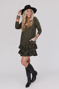 The Nest Constance Ruffle Hem Long Sleeve Dress - Olive