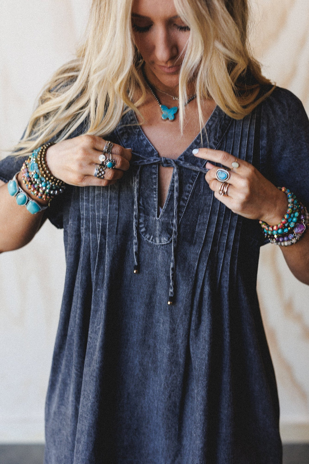 Getaway Pleated Denim Dress - Black