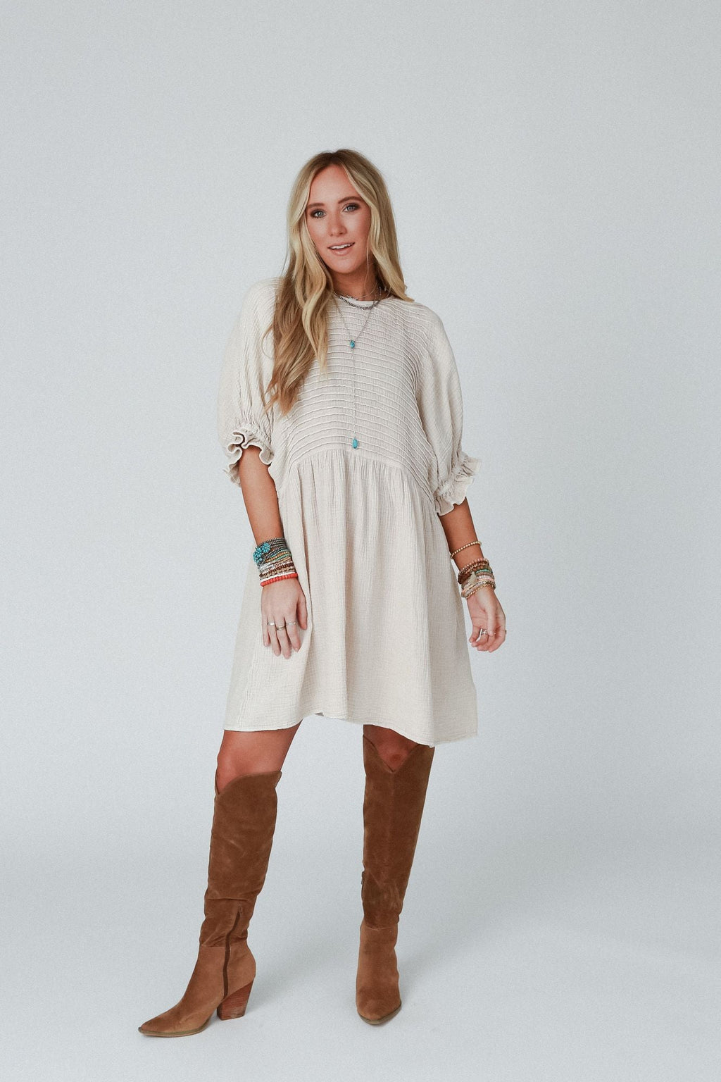 Quinn Puff Sleeve Mini Dress - Natural
