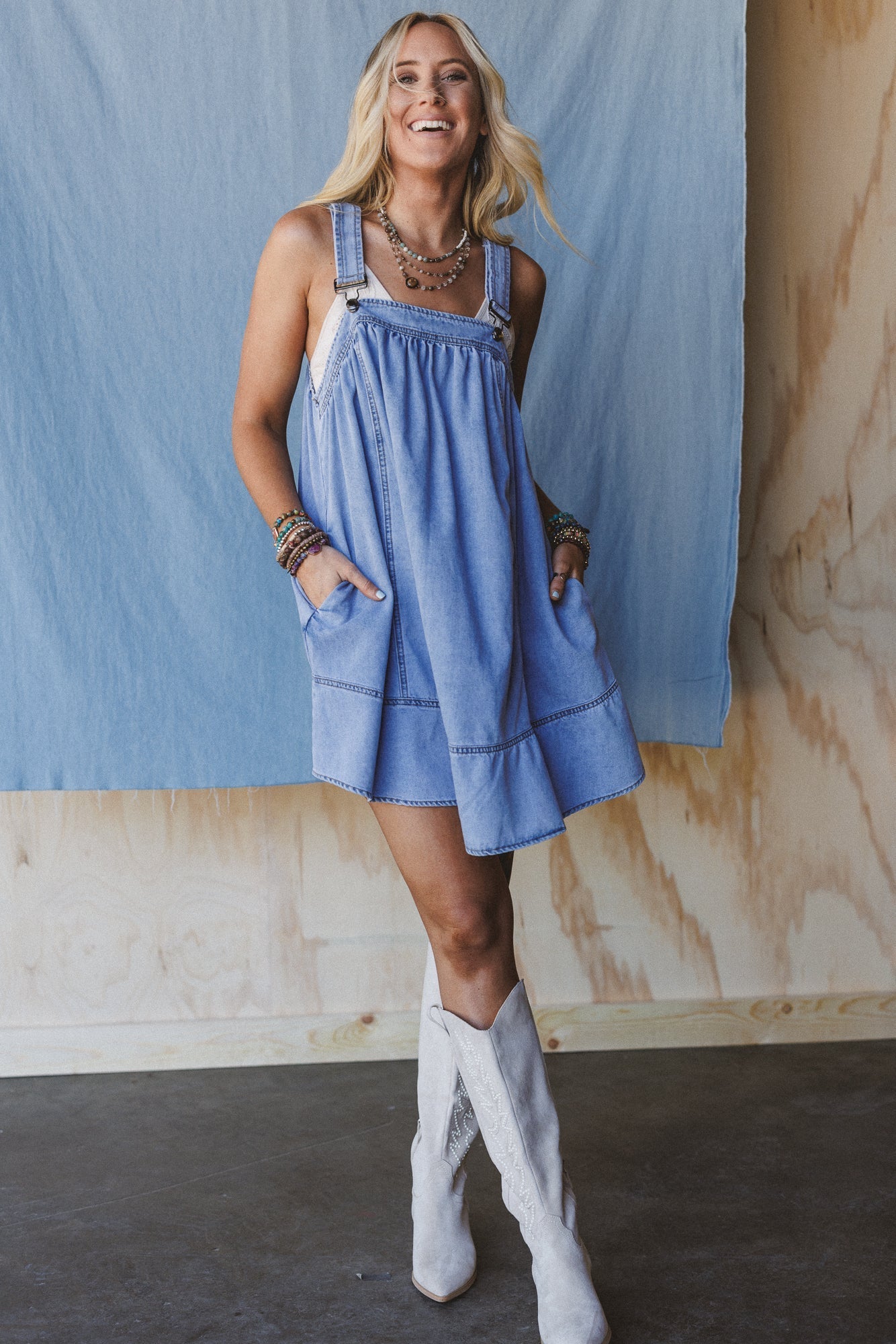 Lily Valley Denim Overalls Dress - Denim