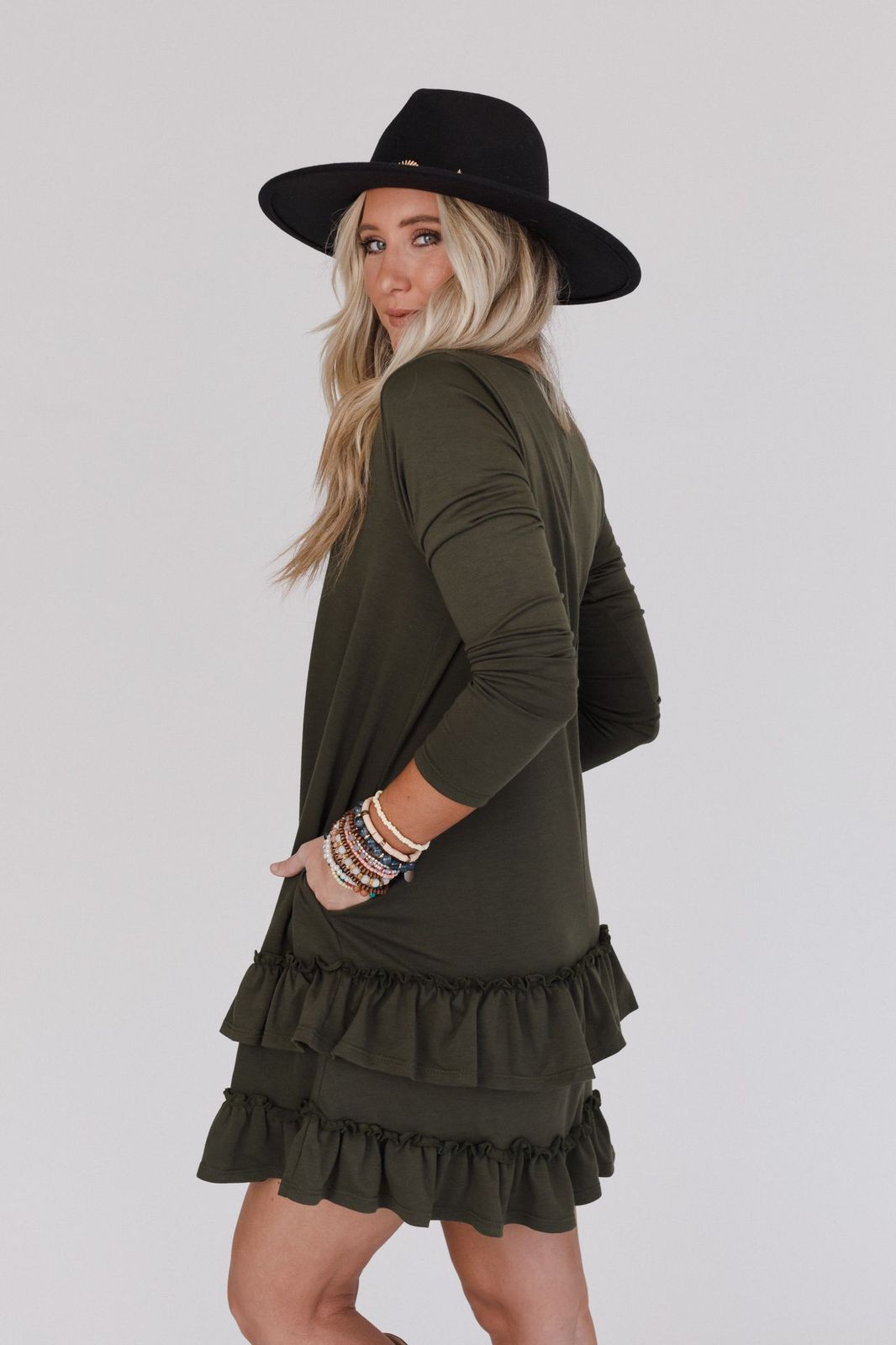 The Nest Constance Ruffle Hem Long Sleeve Dress - Olive