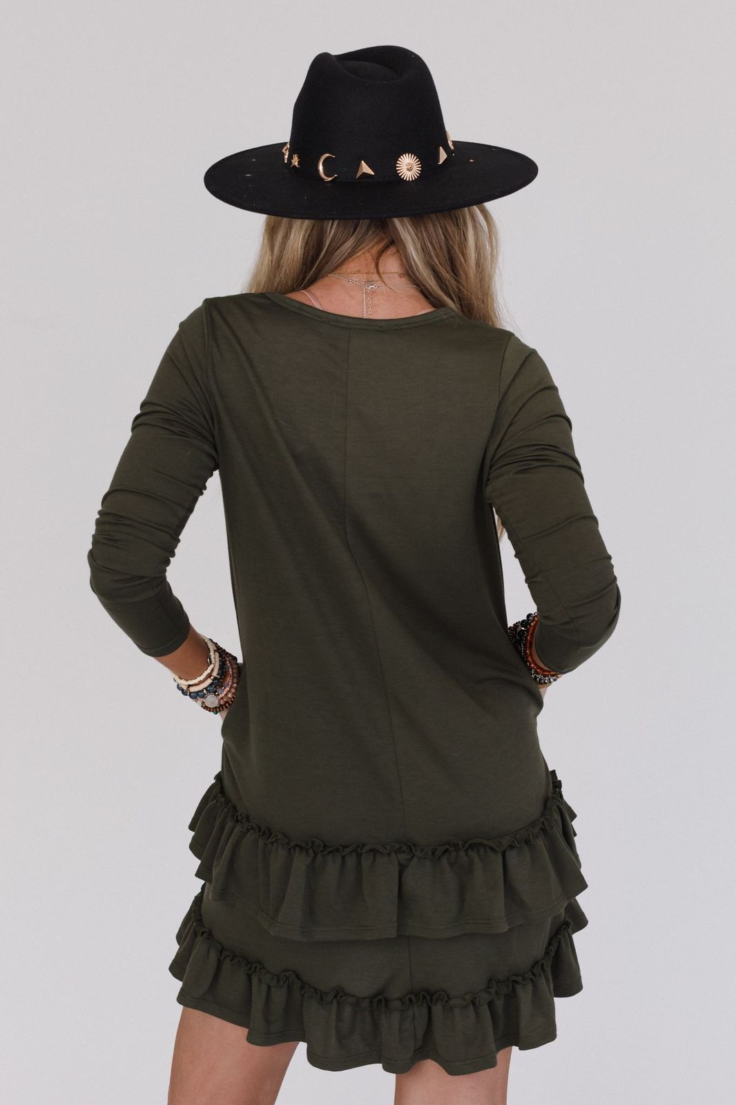 The Nest Constance Ruffle Hem Long Sleeve Dress - Olive
