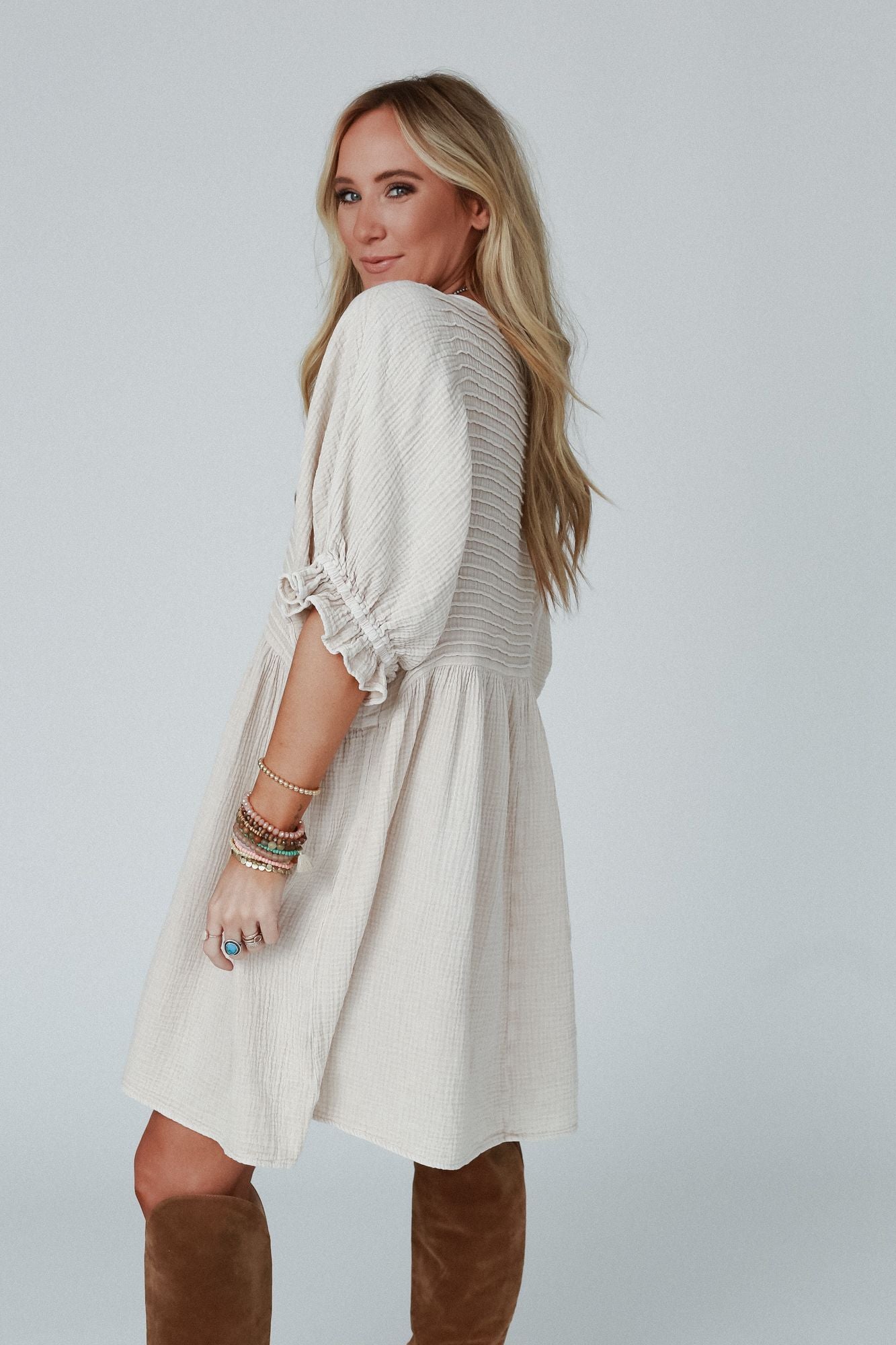 Quinn Puff Sleeve Mini Dress - Natural