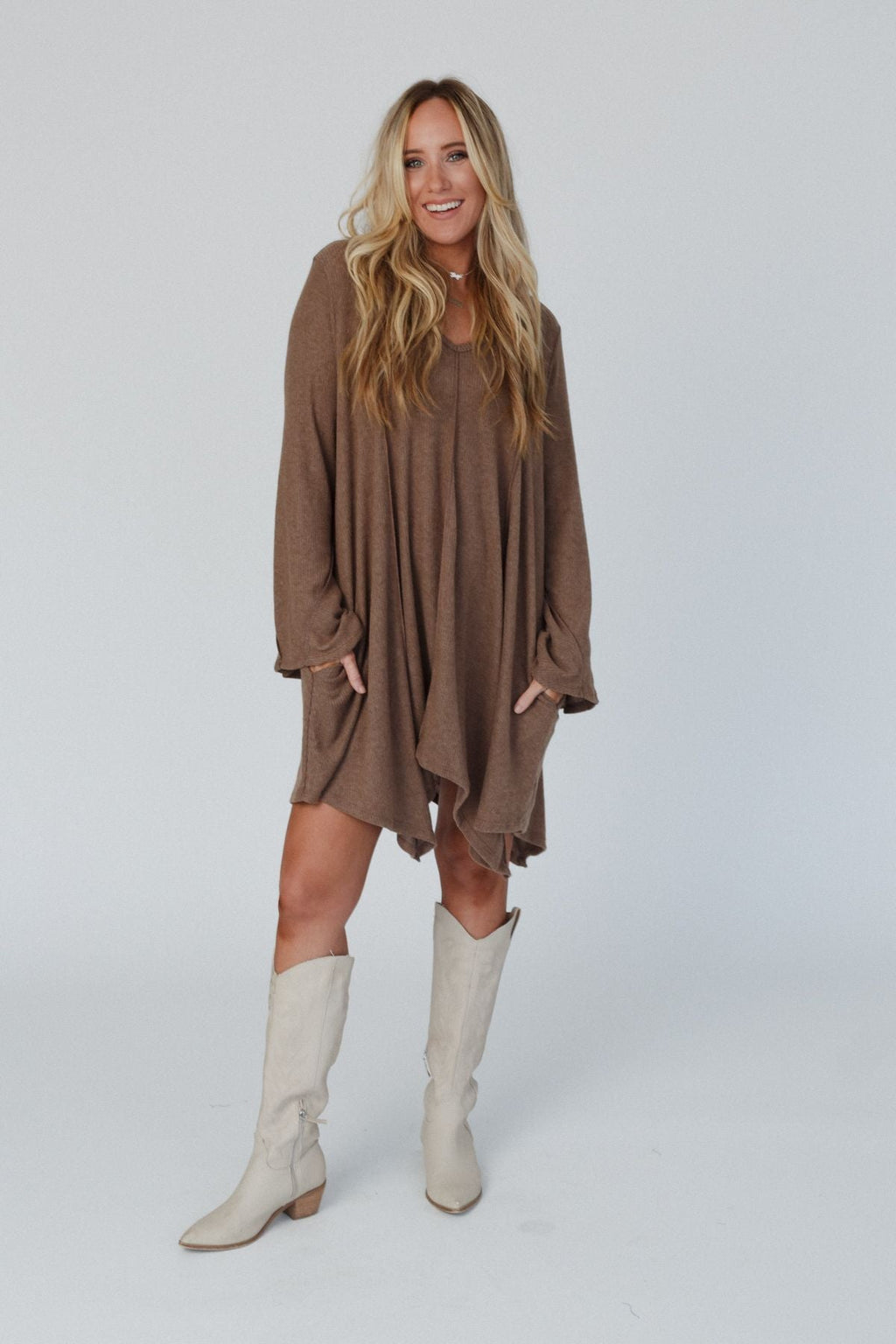 The Nest Golden Hour Long Bell Sleeve Tunic Dress - Mocha