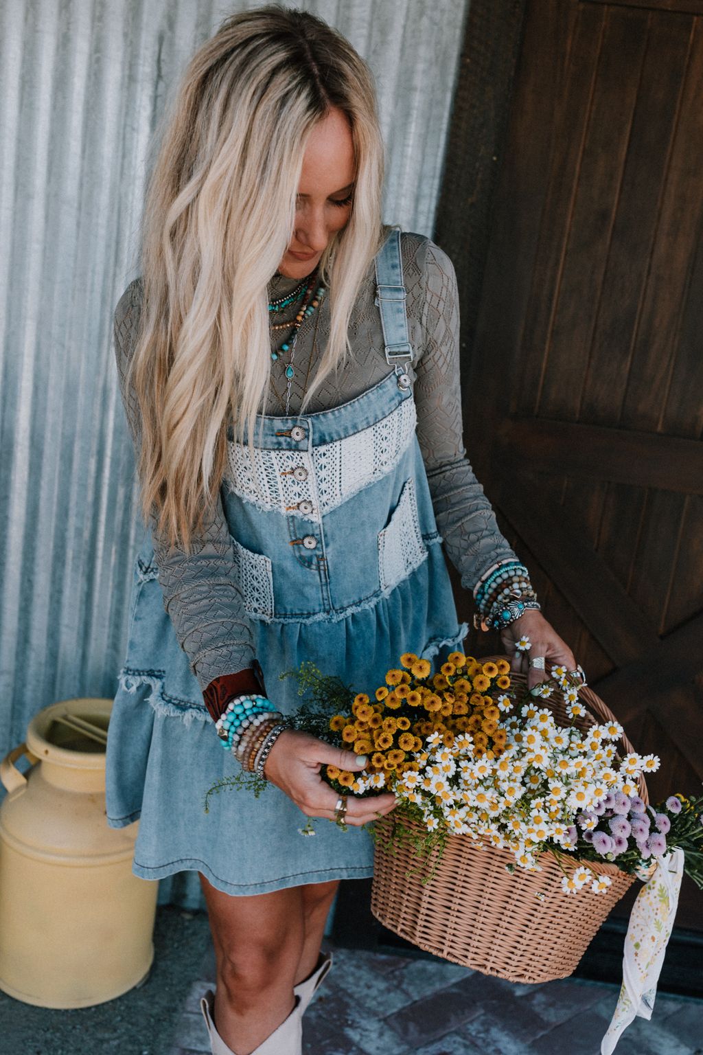 Petal Pockets Crochet Denim Dress - Denim