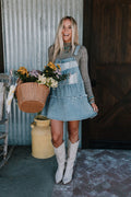 Petal Pockets Crochet Denim Dress - Denim