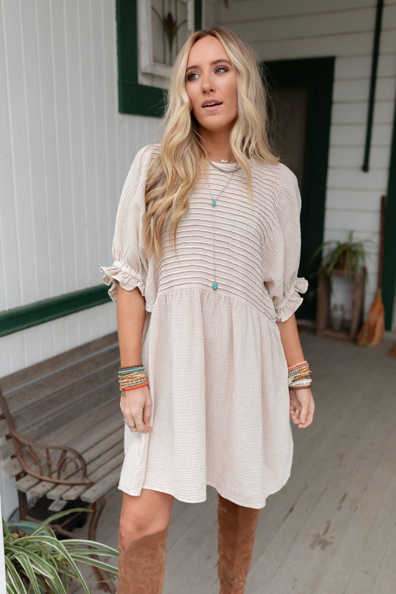 Quinn Puff Sleeve Mini Dress - Natural