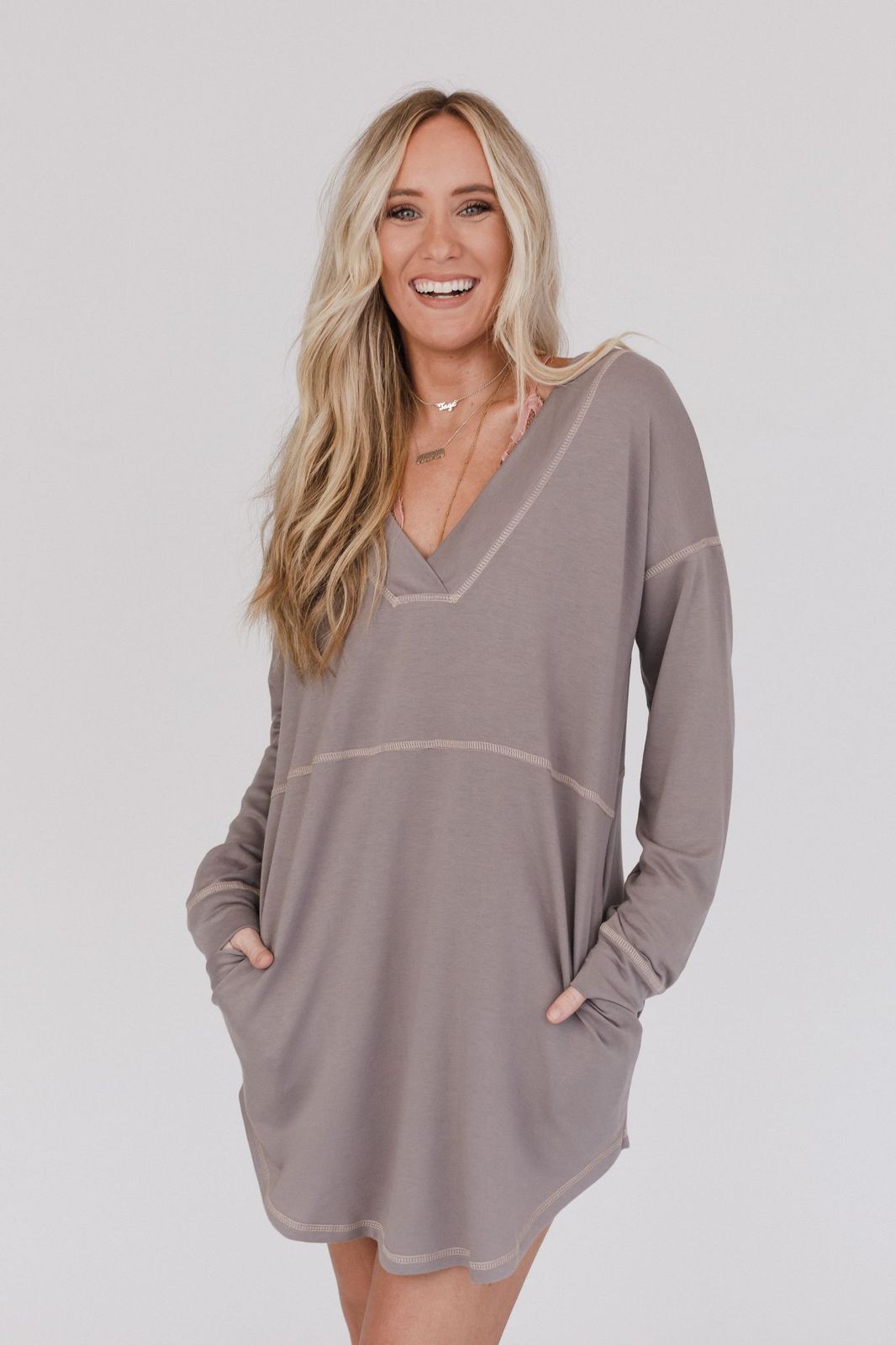 The Nest Meadow Long Sleeve Tunic Dress - Mushroom
